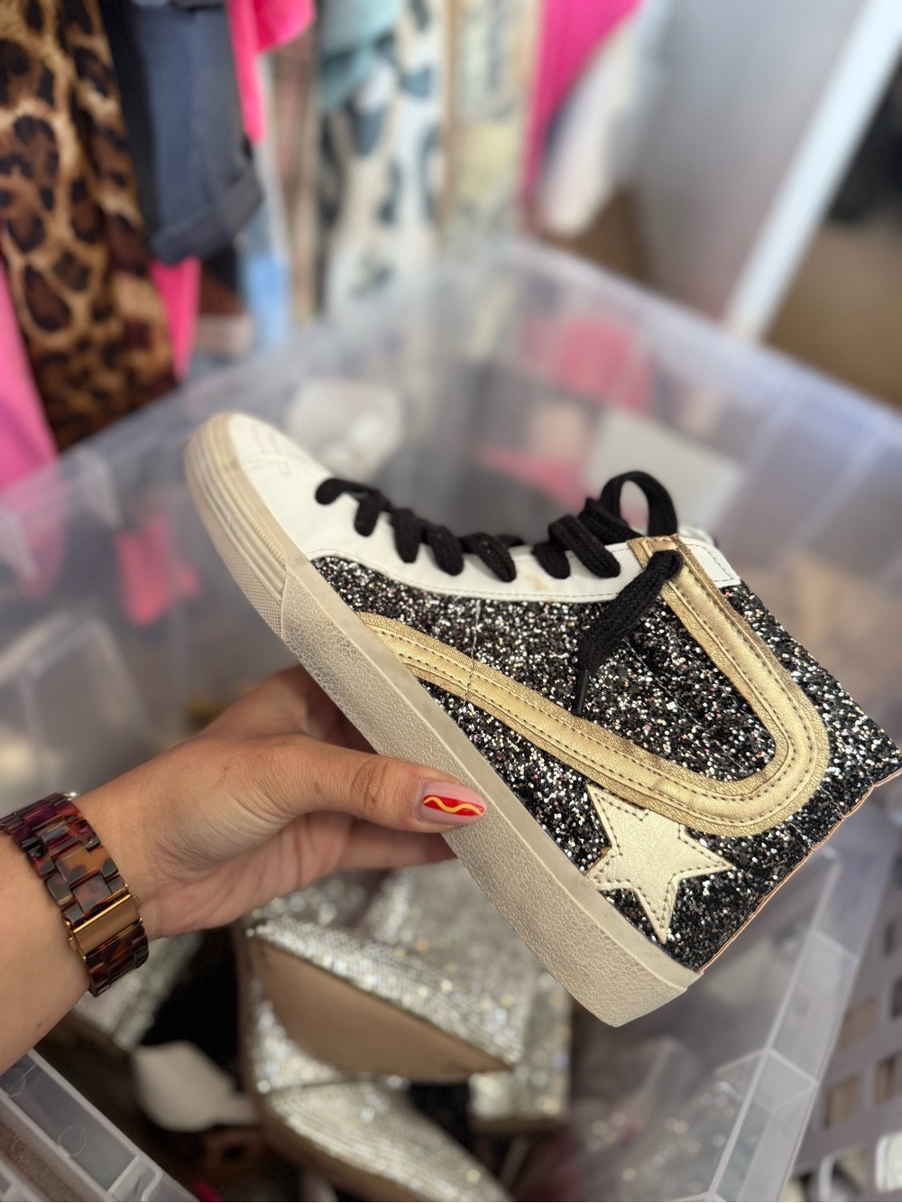 ShuShop Black Glitter High-Top Sneaker with Gold Trim